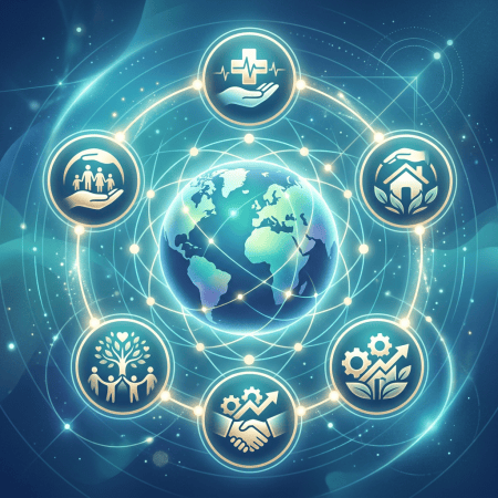 Glowing globe surrounded by healthcare, community, sustainability, growth, and partnership icons