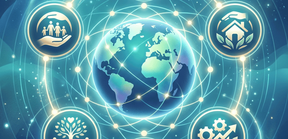Glowing globe surrounded by healthcare, community, sustainability, growth, and partnership icons