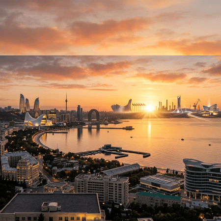 Baku waterfront skyline with modern buildings and sunset