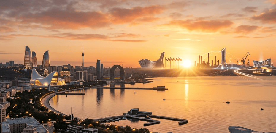 Baku waterfront skyline with modern buildings and sunset