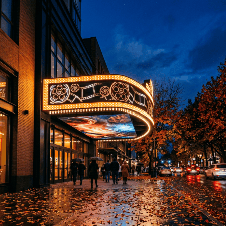 Illuminated movie theater marquee on a rainy autumn evening