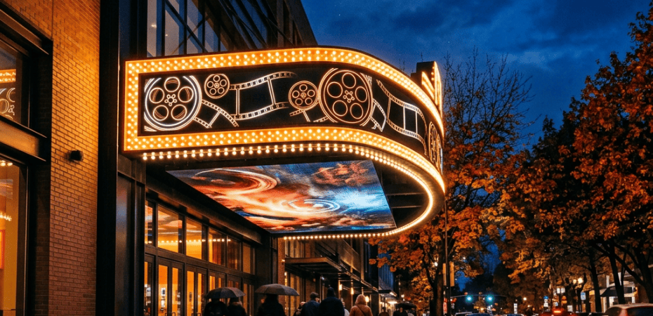 Illuminated movie theater marquee on a rainy autumn evening