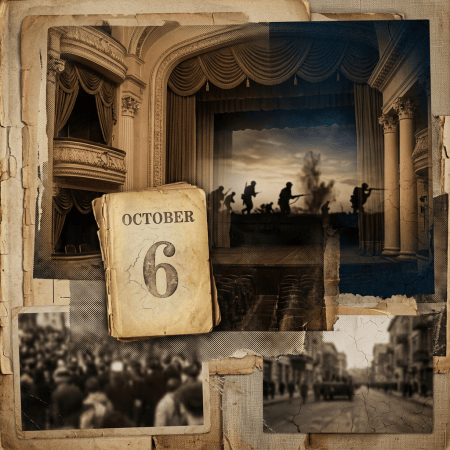 Vintage theater collage with calendar page reading October 6