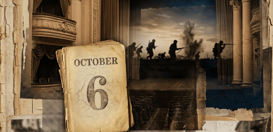 Vintage theater collage with calendar page reading October 6