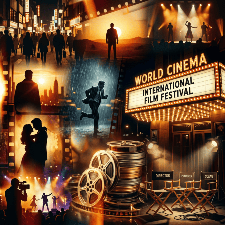 Collage of cinema scenes with film reels, festival marquee, actors, and audiences