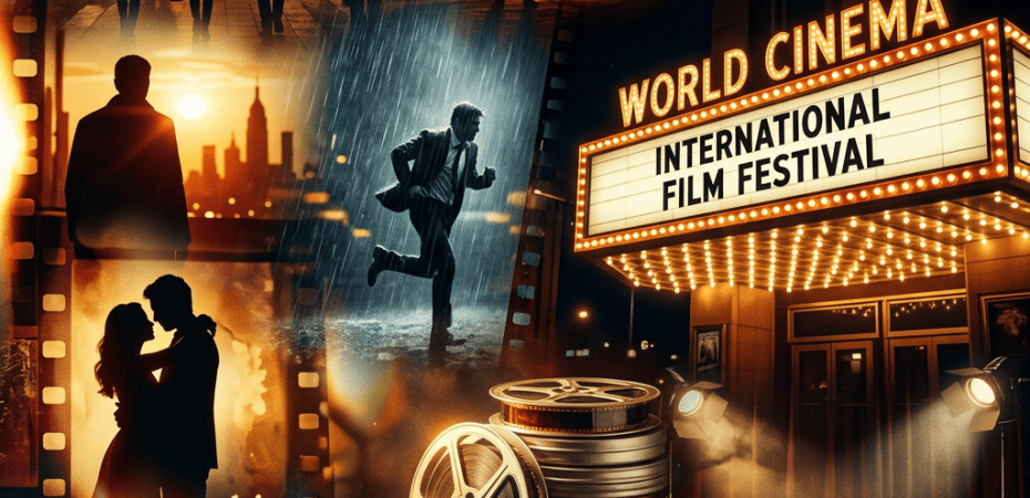 Collage of cinema scenes with film reels, festival marquee, actors, and audiences
