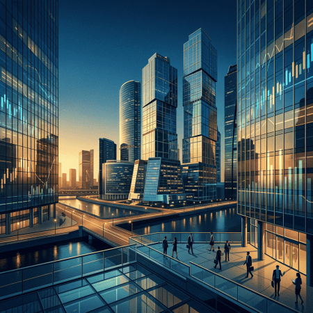Futuristic glass skyscrapers surrounding waterways and elevated walkways at sunset