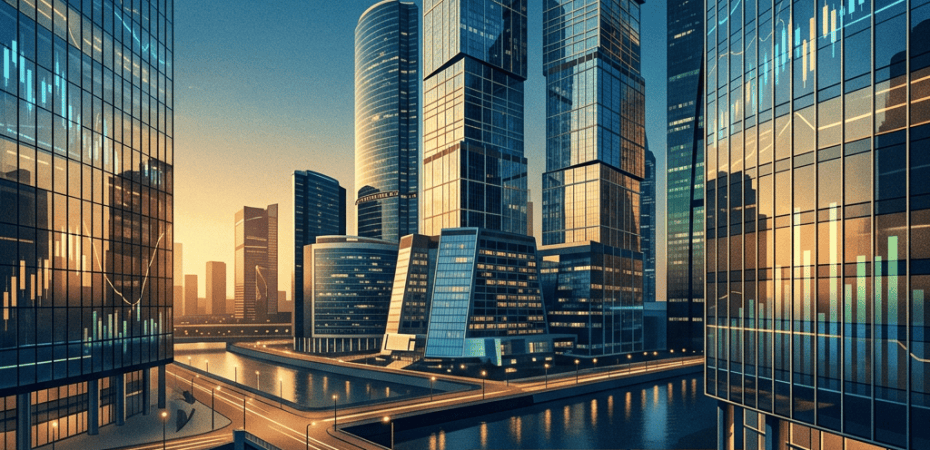 Futuristic glass skyscrapers surrounding waterways and elevated walkways at sunset