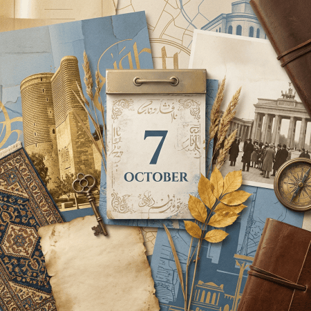 Vintage calendar marked October 7 surrounded by maps, landmarks, books, and autumn leaves