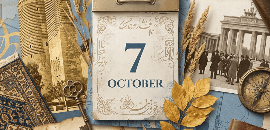 Vintage calendar marked October 7 surrounded by maps, landmarks, books, and autumn leaves