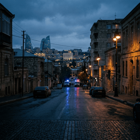 Rainy downhill street with lit buildings and Baku Flame Towers