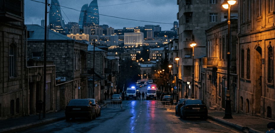 Rainy downhill street with lit buildings and Baku Flame Towers
