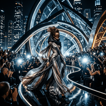 Model wearing a flowing metallic gown on a futuristic illuminated runway