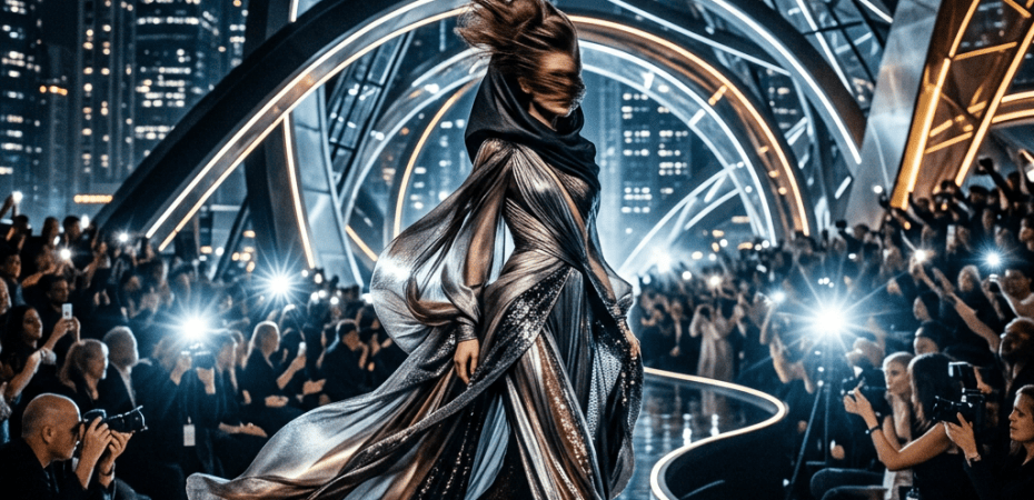 Model wearing a flowing metallic gown on a futuristic illuminated runway