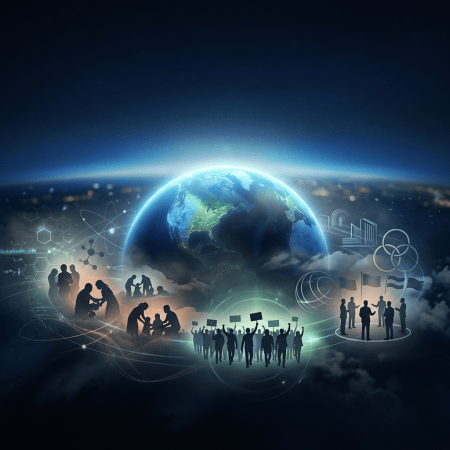 Glowing Earth surrounded by diverse people, science symbols, and protest signs