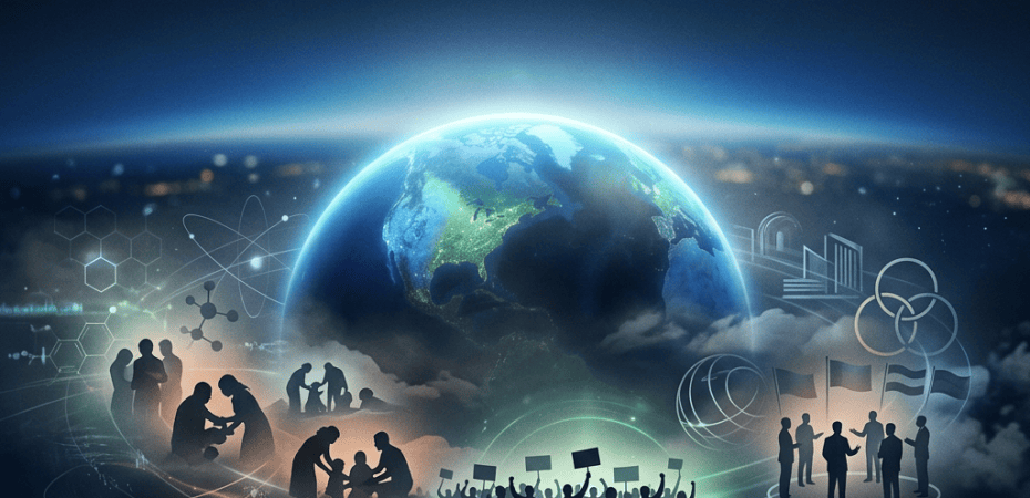 Glowing Earth surrounded by diverse people, science symbols, and protest signs