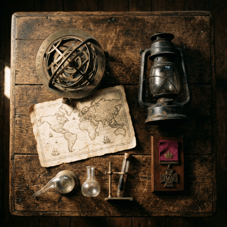 Antique armillary sphere, lantern, world map, glassware, and medal on wooden table