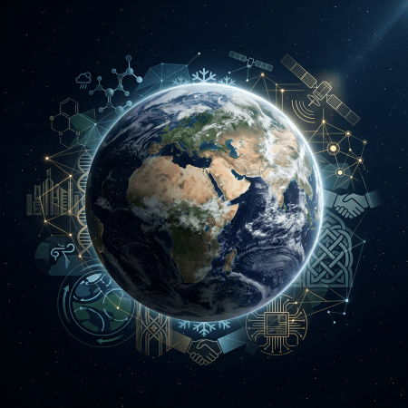 Earth centered over Africa, Europe, and Asia, surrounded by technology and sustainability symbols