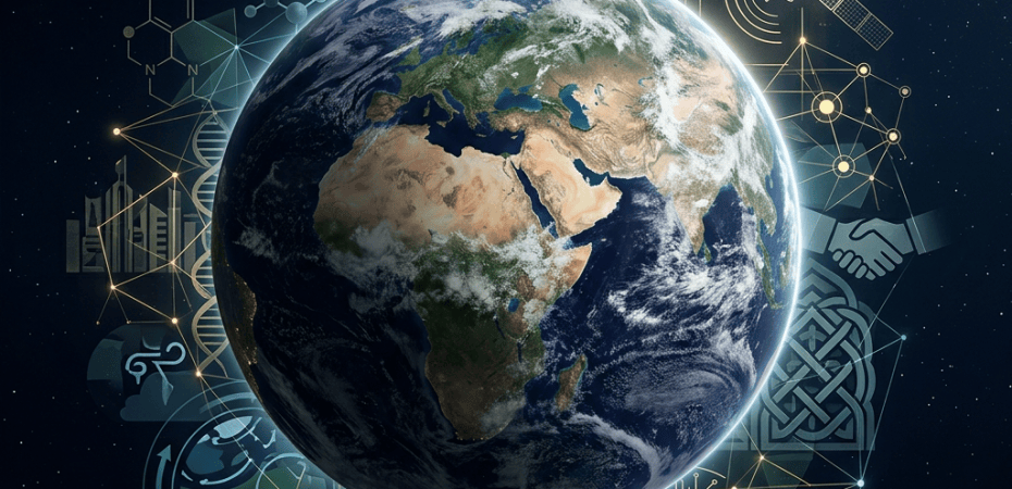 Earth centered over Africa, Europe, and Asia, surrounded by technology and sustainability symbols