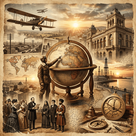 Vintage collage featuring airplanes, globe, maps, architecture, oil derricks, people, and navigation instruments