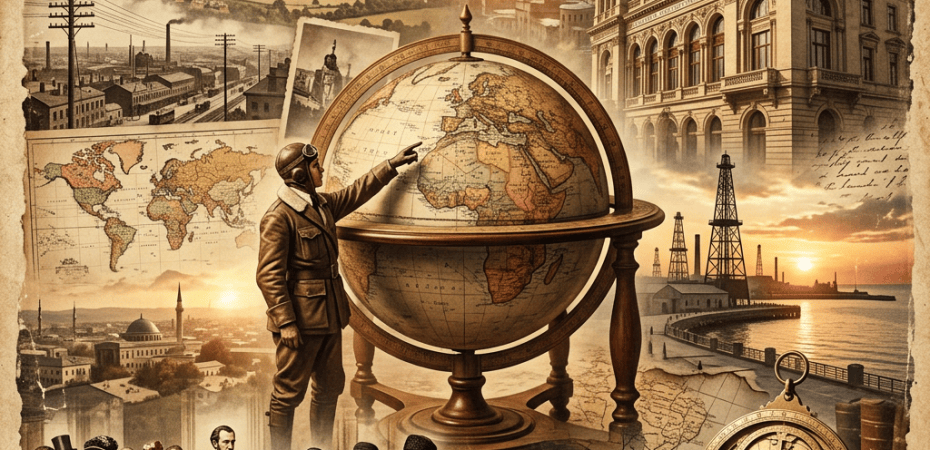 Vintage collage featuring airplanes, globe, maps, architecture, oil derricks, people, and navigation instruments
