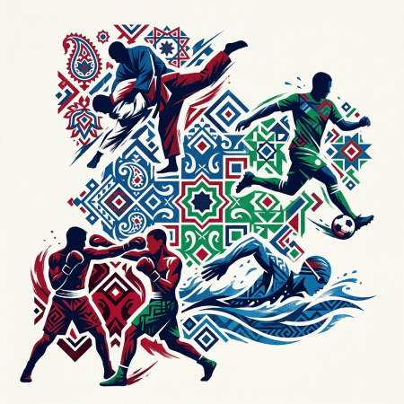 Stylized athletes practicing martial arts, soccer, boxing, and swimming