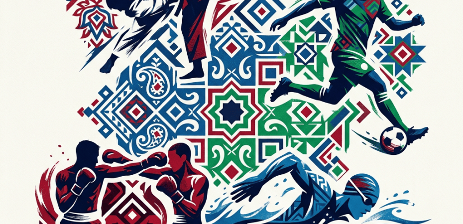 Stylized athletes practicing martial arts, soccer, boxing, and swimming