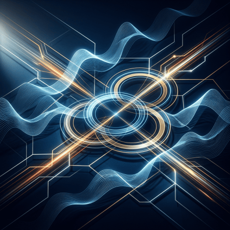 Abstract blue digital network with glowing circuits, waves, and concentric rings