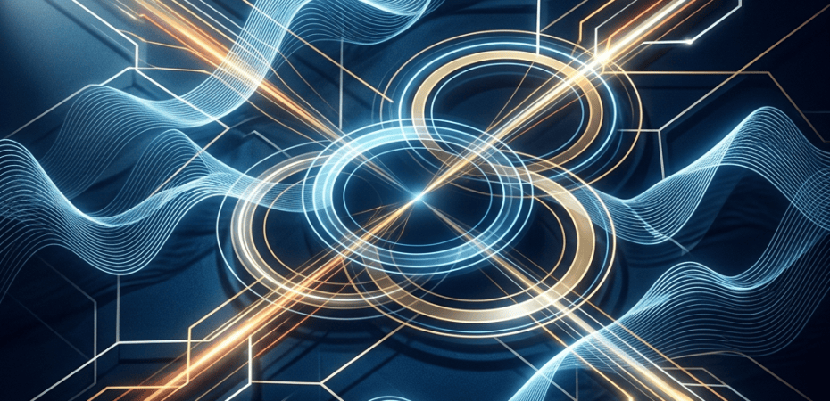 Abstract blue digital network with glowing circuits, waves, and concentric rings