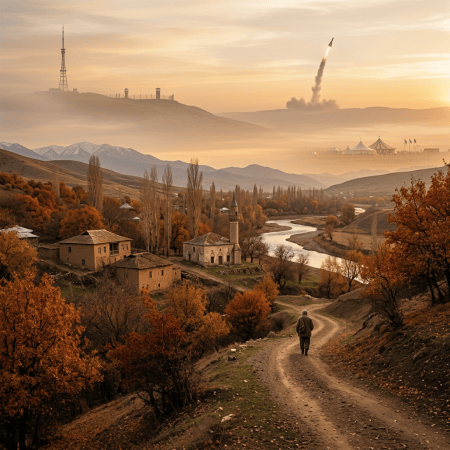 Traveler walking toward an autumn village as a rocket launches beyond the mountains