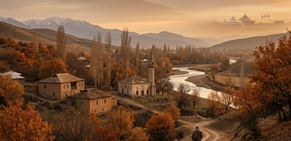Traveler walking toward an autumn village as a rocket launches beyond the mountains