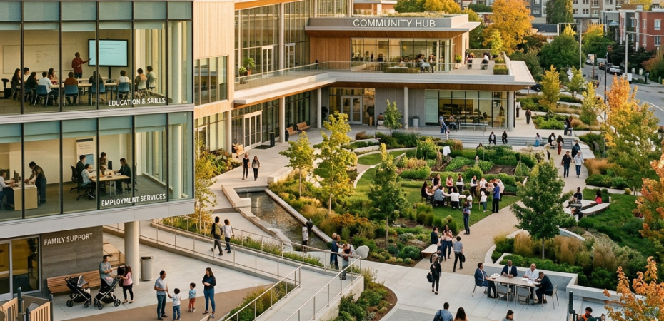 Community hub with education, employment, family support, gardens, and people