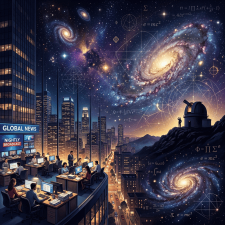 Newsroom overlooking city beneath galaxies, equations, and an observatory