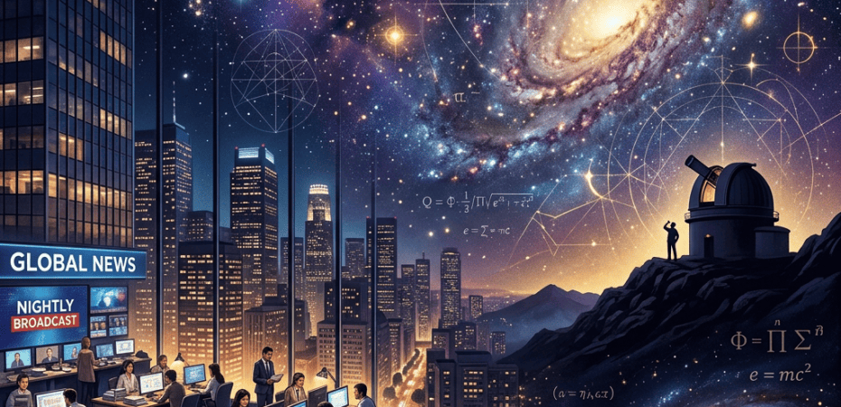 Newsroom overlooking city beneath galaxies, equations, and an observatory