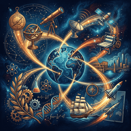 Illustration of Earth surrounded by scientific instruments, spacecraft, landmarks, and flowing light trails