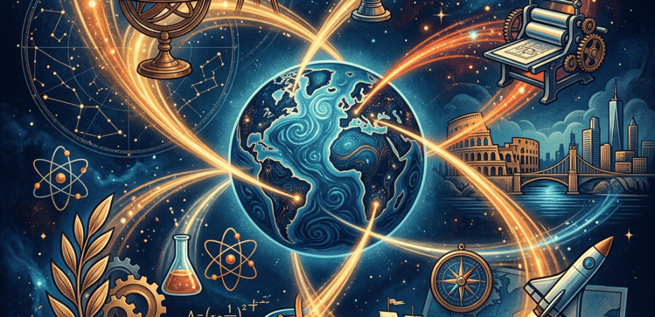 Illustration of Earth surrounded by scientific instruments, spacecraft, landmarks, and flowing light trails