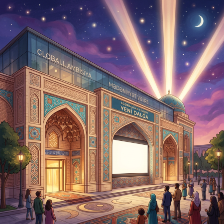 Azerbaijani cinema with ornate tilework, visitors, stars, and a crescent moon