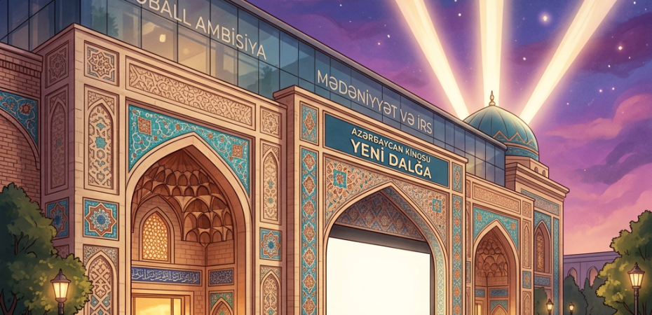 Azerbaijani cinema with ornate tilework, visitors, stars, and a crescent moon