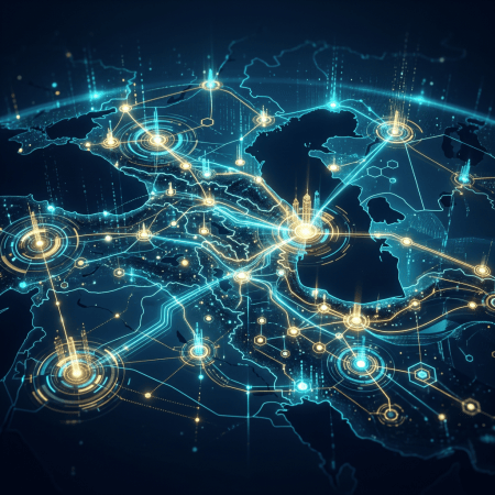 Glowing world map showing interconnected digital hubs and network pathways