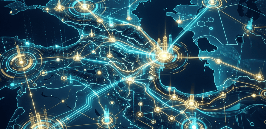 Glowing world map showing interconnected digital hubs and network pathways
