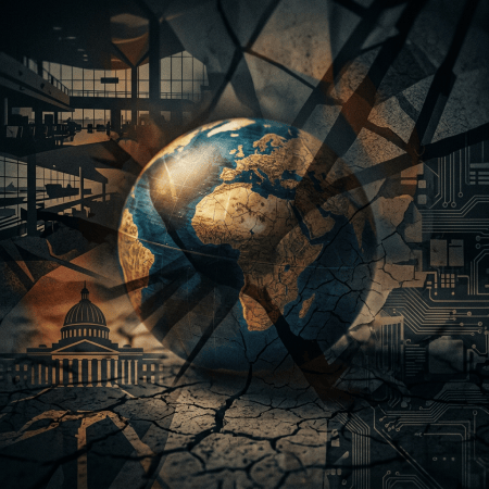 Globe overlaid with fractured infrastructure, government building, and circuit-board patterns