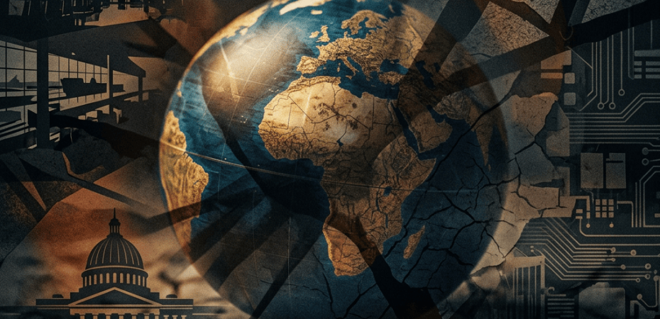 Globe overlaid with fractured infrastructure, government building, and circuit-board patterns