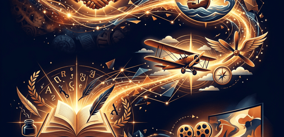 Illustrated collage of Earth, handshake, ship, airplane, open book, and film cameras