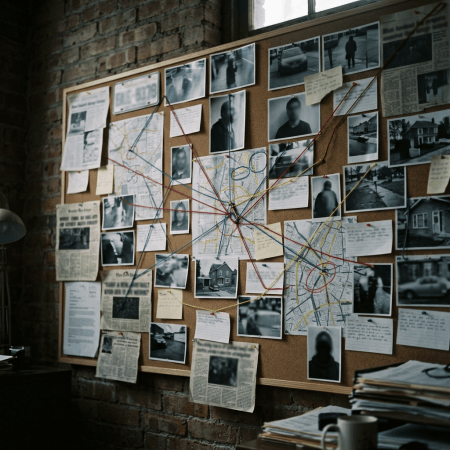 Investigation board covered with photos, maps, notes, and connecting threads