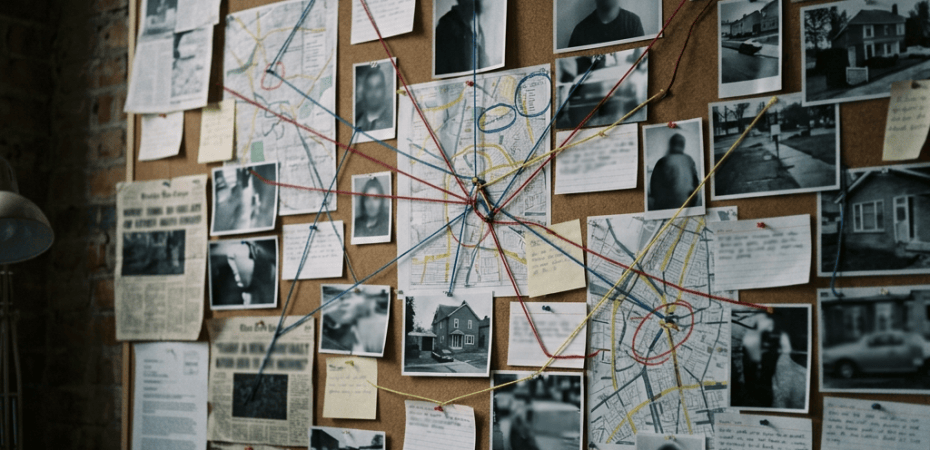 Investigation board covered with photos, maps, notes, and connecting threads