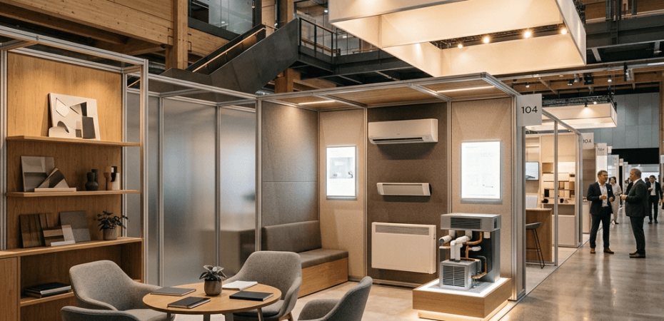 Modern HVAC exhibition booth with equipment, seating, and visitors