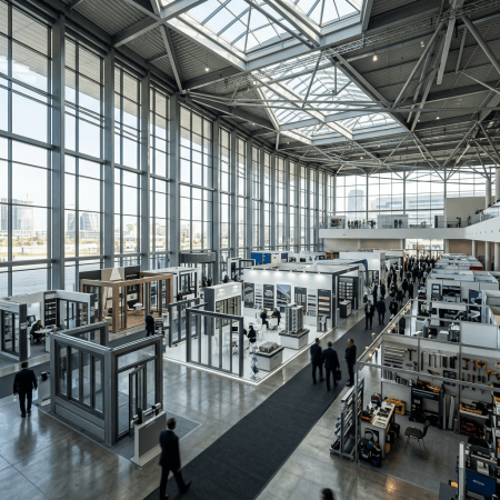 Visitors exploring exhibition booths inside a large glass-roofed trade fair hall
