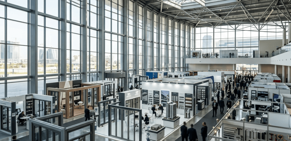 Visitors exploring exhibition booths inside a large glass-roofed trade fair hall
