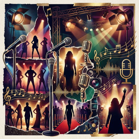 Collage of singers, microphones, stage lights, music notes, and concert crowds