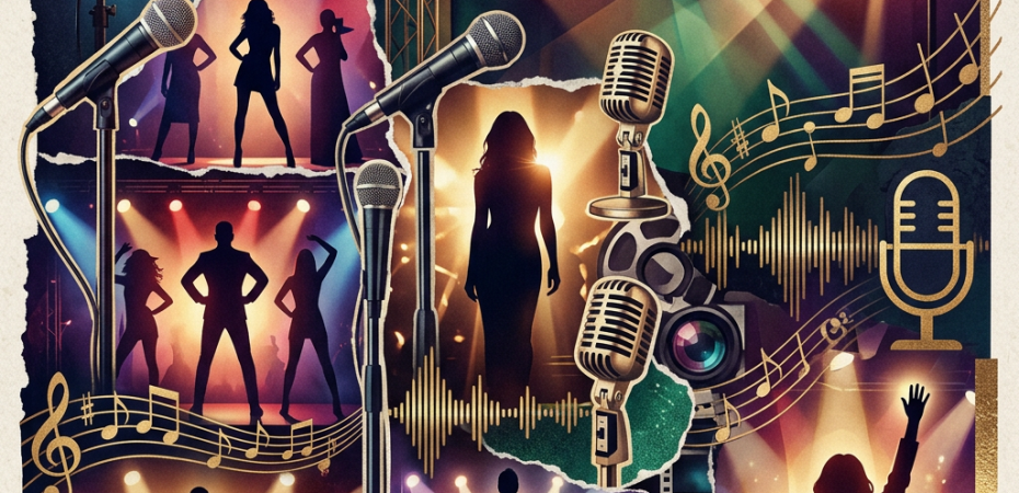 Collage of singers, microphones, stage lights, music notes, and concert crowds